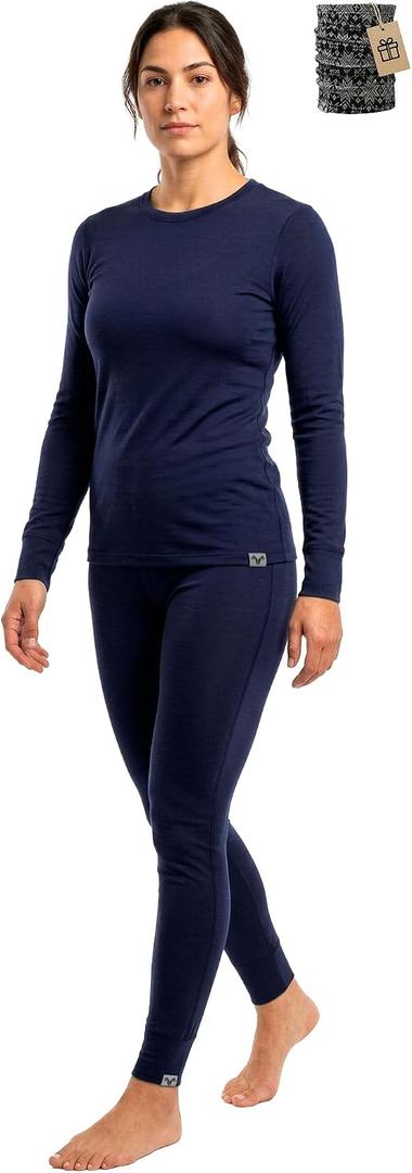 MERINNOVATION Merino Wool Base Layer Set for Women 100% Merino Wool Thermal Underwear Sets Lite Midweight Top, Bottom, Medium Navy