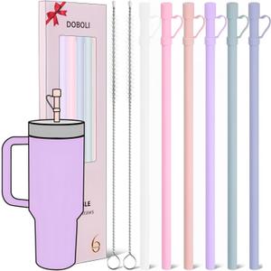 Reusable Replacement 12 inch Long Silicone Straw With Cover, Stocking Stuffers Gifts for Women Men Teens Girls Boys, Compatible with Stanley Tumbler Cup Accessorie 40 oz 30 oz (6 Pack)