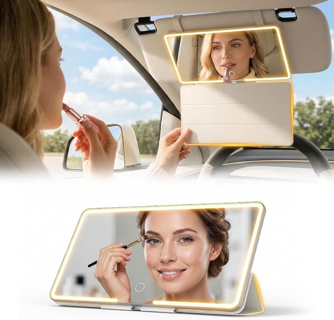 Car Sun Vanity Mirror with Protective Cover, LED Visor Makeup Mirror with 3 Light Modes, Rechargeable Dimmable Touch Large Clear View for Daily Commute & Road Trips, Universal for Car Truck SUV
