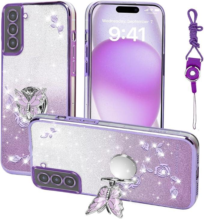 Samsung Galaxy S21 FE Phone Case,for S21 Fan Edition Mobile Phone Case for Women and Girl, Glitter Butterfly Floral TPU Protective Cover with Kickstand+Strap for Samsung S21 Fe (Purple)