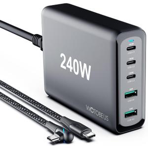 WOTOBEUS 240W 5-Ports USB C GaN Charger with ETL, PD 100W PPS45W Super Fast Charging Station & 5A Cable & AC Cord for iPhone 17 16 15 iPad MacBook Pro Air Galaxy S25 S24 Ultra Pixel Type-C Laptop