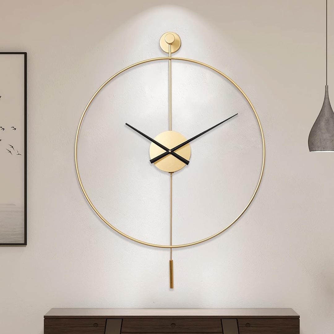 YISITEONE Classical Large Decorative Wall Clock with Pendulum, Modern Non-Ticking Silent Metal Wall Clocks for Living Room, Bedroom, Study, Office, 23.6" (Gold)