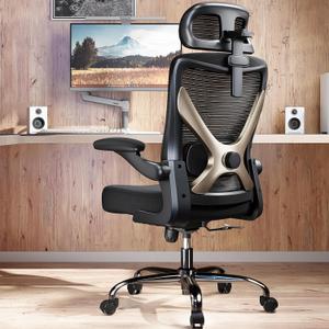 Ergonomic Office Chair-Mesh Computer Desk Chair Comfy, High-Back Gaming Chairs with 3D Headrest & Lumbar Support, Executive Task Chair for Adults, Comfortable for Long Hours (Black Gold)