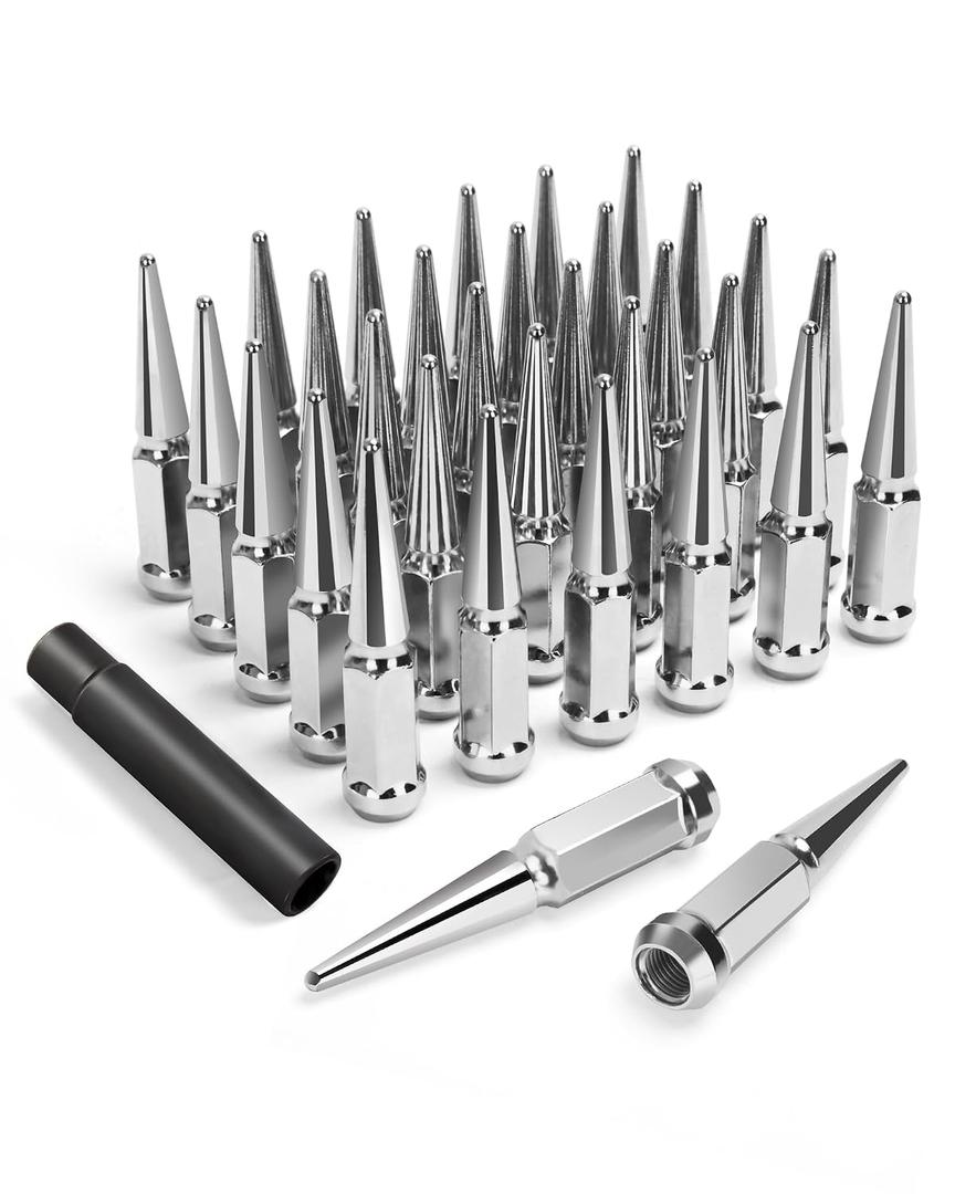 32PCS 14X1.5 Spike lug nut 4.4" Tall-Chevy Silverado 8Lug, M14x1.5 Electroplated Wheel Spike Lug Nut For Suburban GMC Sierra Yukon Ford F250 F350 RAM 2500 3500 Aftermarket Wheel,One Piece Anti-Rusting