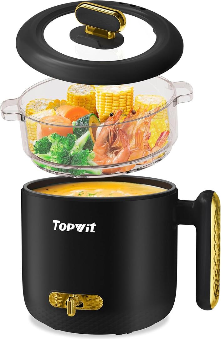 Topwit Hot Pot Electric with Steamer, 1.8L Ramen Cooker, Portable Electric Pot for Cooking, Multifunctional Cooker for Steak, Egg, Soup, Noodle with Power Adjustment, Dorm Room Essential, Black