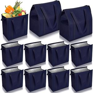 10 Pack Large Insulated Grocery Bags Reusable Shopping Bags with Zippered Top 13 x 12 x 7 Inch Thermal Cooler Totes Bulk with Handles for Hot Cold Food Delivery Refrigerator (Navy Blue)