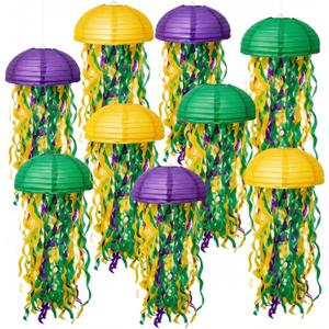 Frienda 9 Pcs Mardi Gras Decorations Purple Gold Green Hanging Paper Lanterns for Mardi Gras Party Accessories Carnival Floats Supplies Gillter Decor Ornament