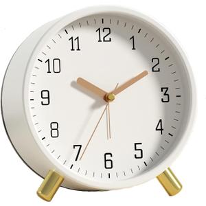 SHISEDECO Alarm Clock with Backlight, 4.5 inches Bedside Analog Non-Ticking Silent Small Deskclock with Arabic Numerals, Battery Operated Round Tableclock for Living Room, Bedroom (White)