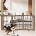 keny Dog Gate Indoor, 3 Panel Freestanding Dog Gates with Support Feet for Stairs, Pet Gates for Doorways Hallways, Foldable Pet Barrier for Puppy Sturdy, 53" L x 24" H, Brown