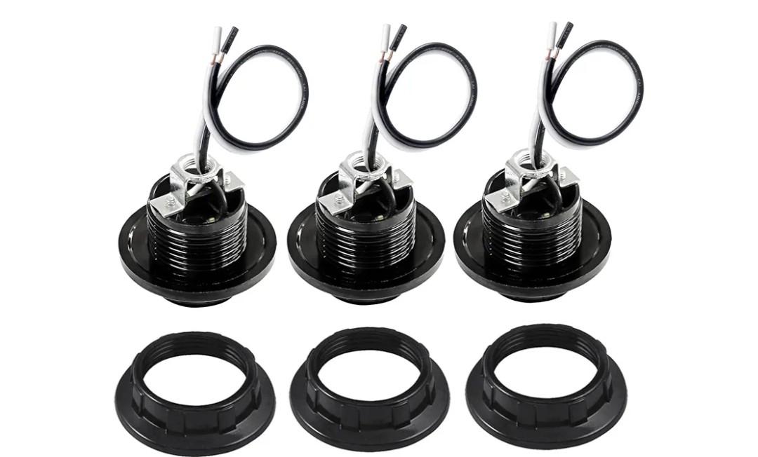TWDRTDD E26 Medium Base Light Socket with Shade Ring, UL Listed Pre-Wired Lead 6 Inches Lamp Holder, Black (Riveting Type, 3)
