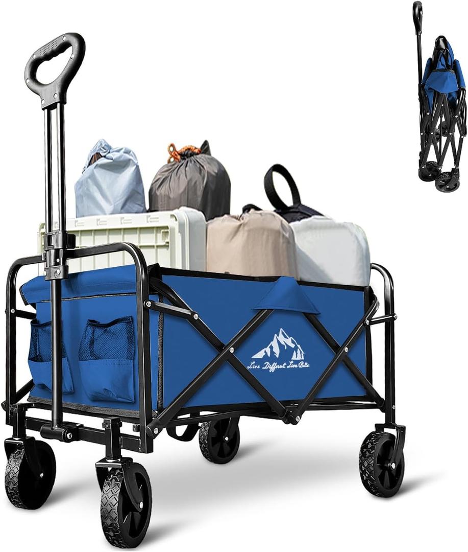 Beach Wagon with Big Wheels for Sand,Collapsible Folding All Terrain Utility Wagons Carts Foldable with Brakes for Sand Camping Sports Outdoor. (Blue)