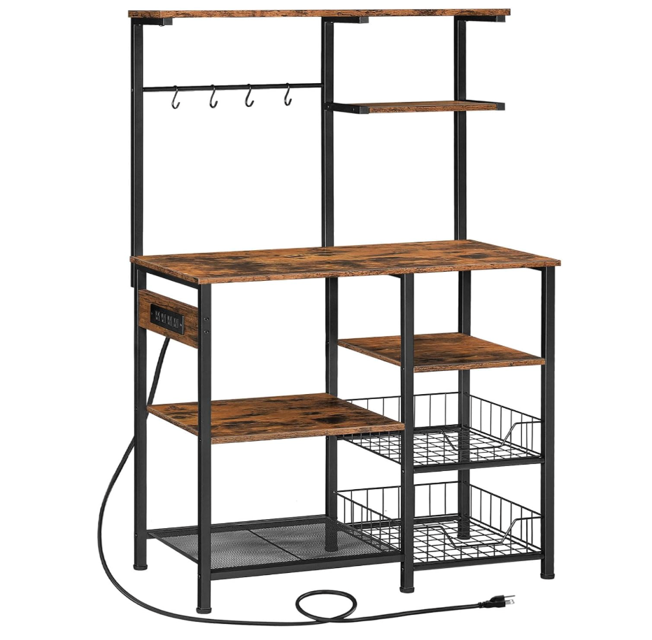 HOOBRO Large Bakers Rack with Power Outlets, 6-Tier Microwave Stand with 4 Hooks, Coffee Bar, Kitchen Shelf with Wire Basket, for Kitchen, Living Room, Office, Rustic Brown and Black BF64UHB01