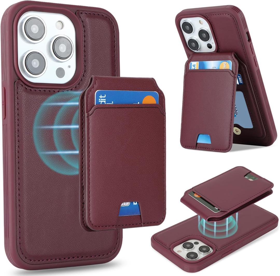 for iPhone 15 pro max Wallet Case magsafe Compatible with Card Holder for Women Men 2 in 1 Detachable Magnetic Shockproof Phone case Stand Leather Credit Card Slots-Wine Red