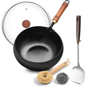 WANGYUANJI 9.5-Inch Wok Pan with Lid  Handmade Round Cooking Wok, Deep Frying Pan with Detachable Wooden Handle, No Chemical Coated Wok Flat Bottom for Induction & Gas Stoves