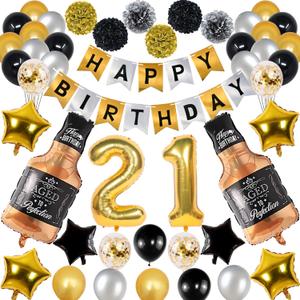 21st Gold Birthday Decorations, Gold Black Silver Happy Birthday Balloons Supplies for Boy Girl, 21 Birthday Party Set with 21 Gold Number Balloons Happy Birthday Banner