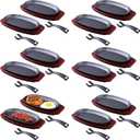 Mifoci 12 Pcs Oval Cast Iron Fajita Skillet Pan Set Small Sizzling Steak Plate with Wooden Base and Handle Cast Iron Fajita Skillet Sizzling Plate for Restaurant, BBQ, Wedding (9.5 in x 5.5 In)