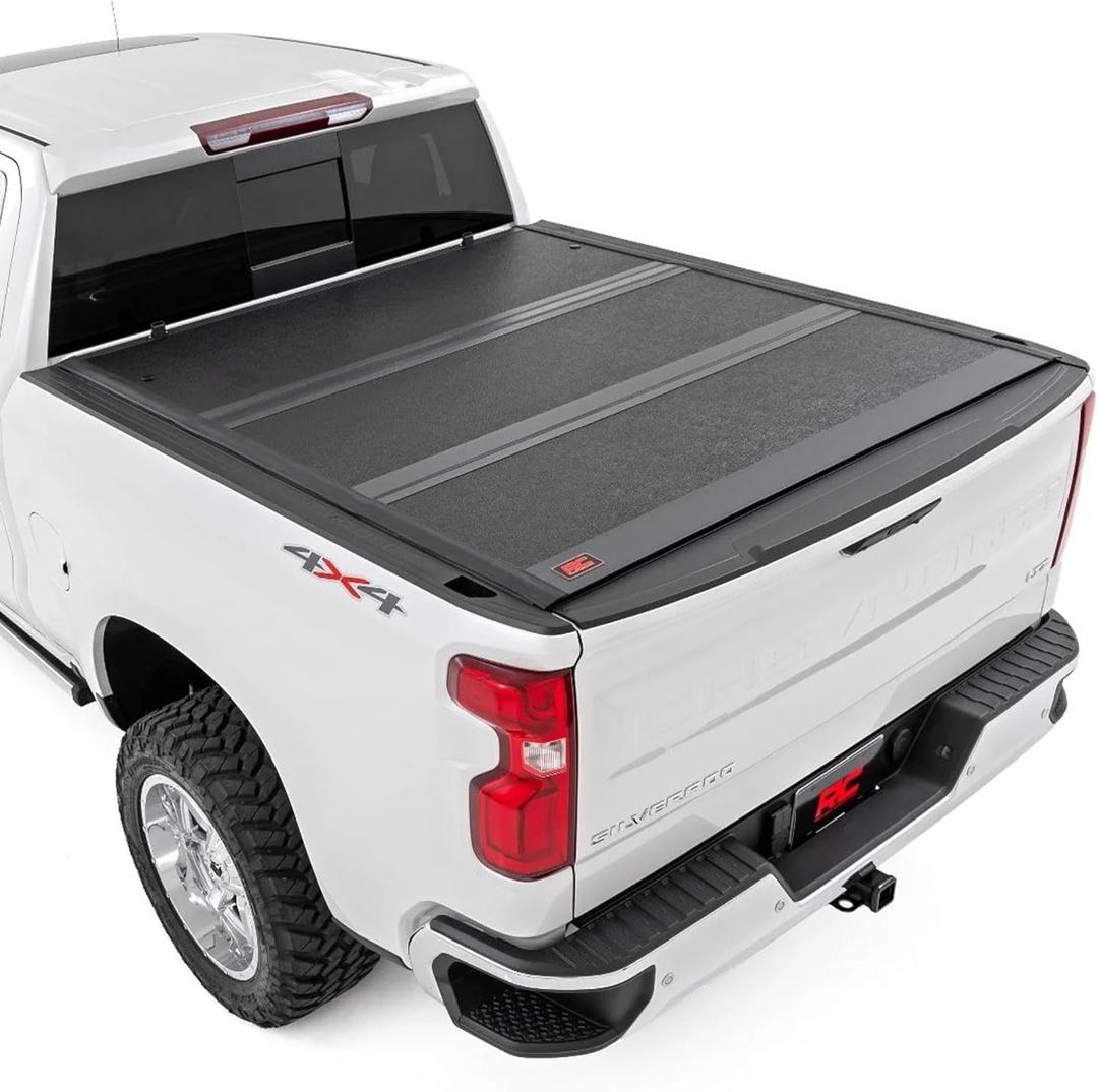Rough Country Hard Low Profile Tri-Fold Tonneau Cover for Chevy Silverado & GMC Sierra 1500 (20192026)  Flush Mount Aluminum Bed Cover, Fits 6'7" Standard Bed