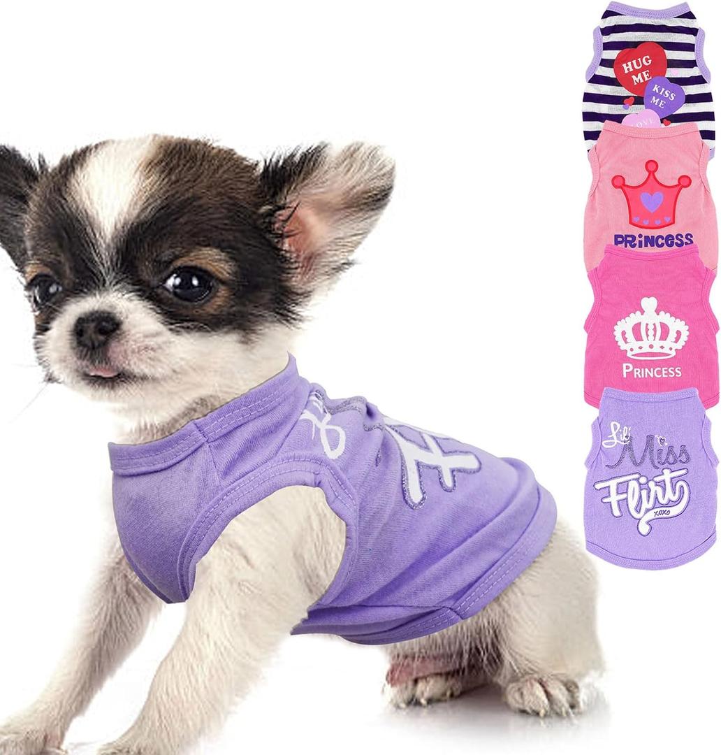 4 Pieces Dog Clothes for Small Dogs Girl Soft Puppy Shirt Cute Chihuahua Teacup Dog Clothes Female Dog Shirts Breathable Pet Clothing Pink Girl Doggie Clothes (XX-Small)