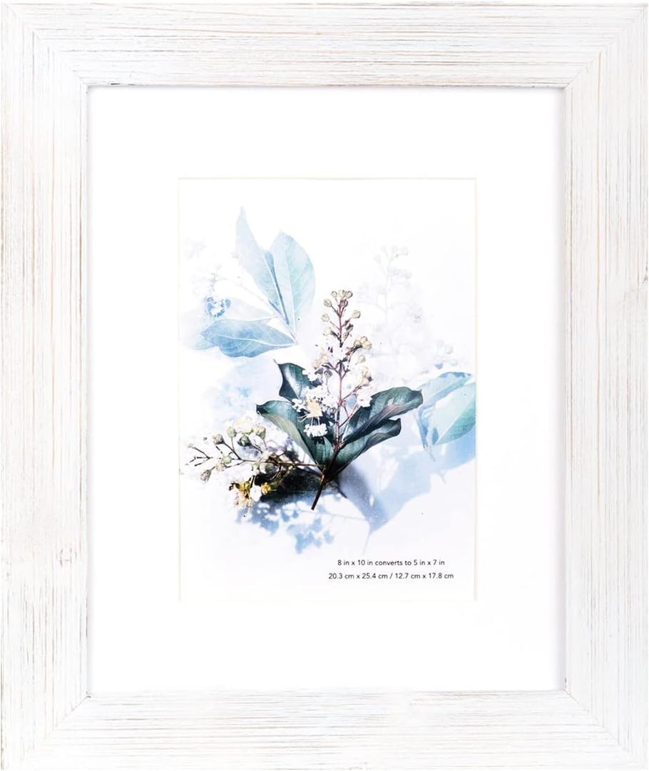 KAIWIN 100% Solid Wood White 8x10 Picture Frame 1 Pack - Display Picture 5x7 with Mat, HD Glass Inside, Rustic Wooden Photo Frames for Table Top and Wall Mounting