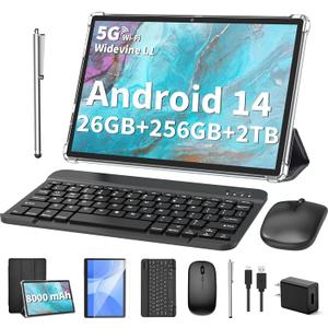 2025 Tablet, Android 14 Tablets 10 inch with Keyboard, 26GB RAM+256GB ROM(2TB Expand), 2-in-1 Tablets with 8-Core, 8000mAh, 5G WiFi, Widevine L1, GMS, with Case, Keyboard, Mouse, Stylus(Black)