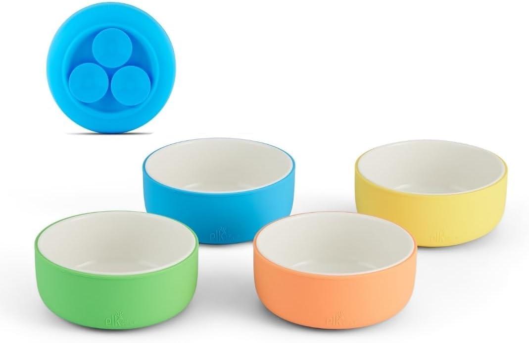 Elk and Friends Kids Porcelain Bowls with Silicone Suction Sleeves | Suitable for Babies/Toddlers | Microwave & Dishwasher Safe | Stay Put Dinnerware | Snack Dishes | 4 Pack