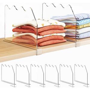 SPACEKEEPER Shelf Dividers for Closet Organization, Clear Closet Shelf Divider for Clothes Purses Separators, Wood Shelves Organizer for Bedroom, Kitchen, Office, Cabinets, Bathroom, 6 Pack