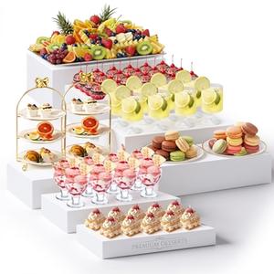 Leinuosen 7 Pcs Extra Large Buffet Risers Set 10" to 16" Rectangle Acrylic Display Box Catering Dessert Table Riser Food Display Decorative Stand with Hollow Bottom for Catering Supplies(White)