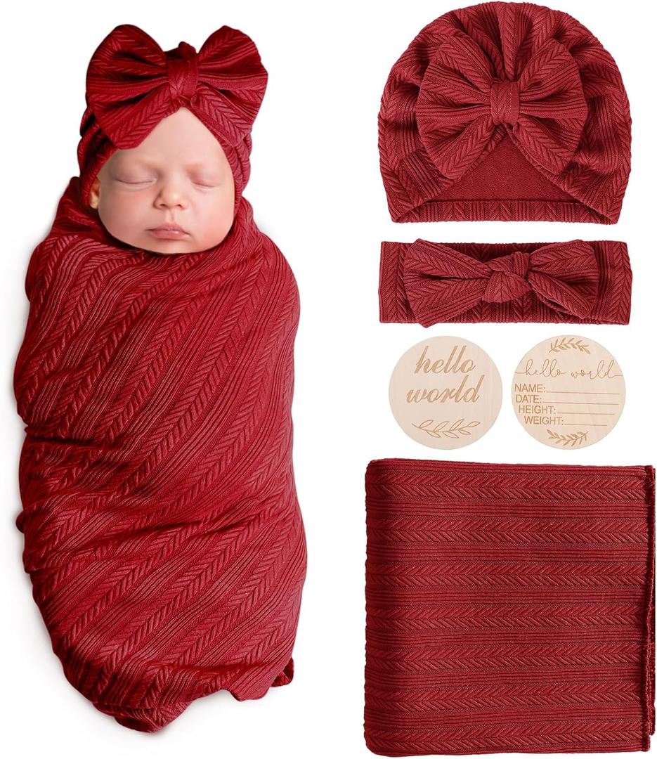 AQOKKA Newborn Receiving Blanket with Bow Hat Headband Wooden Card Set Wheat-Pattern Newborns Toddler Baby Boy Girl Nursery Swaddle Wrap