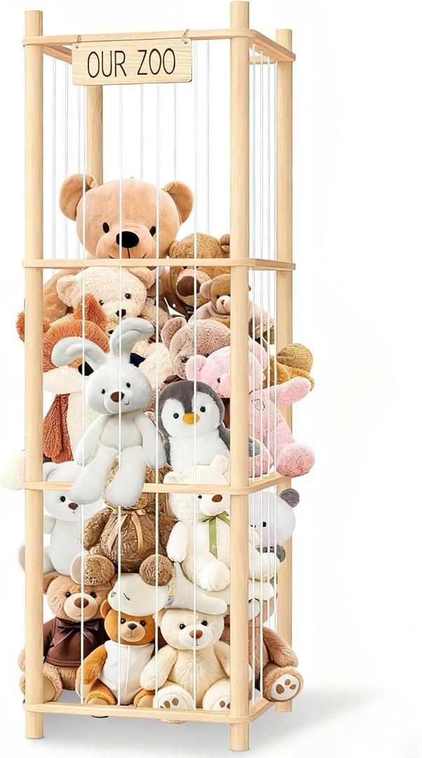 Stuffed Animal Display Shelf Organizer Wooden Zoo Cage Design for Large Plush Toy Storage, Kids Room & Bedroom Decor