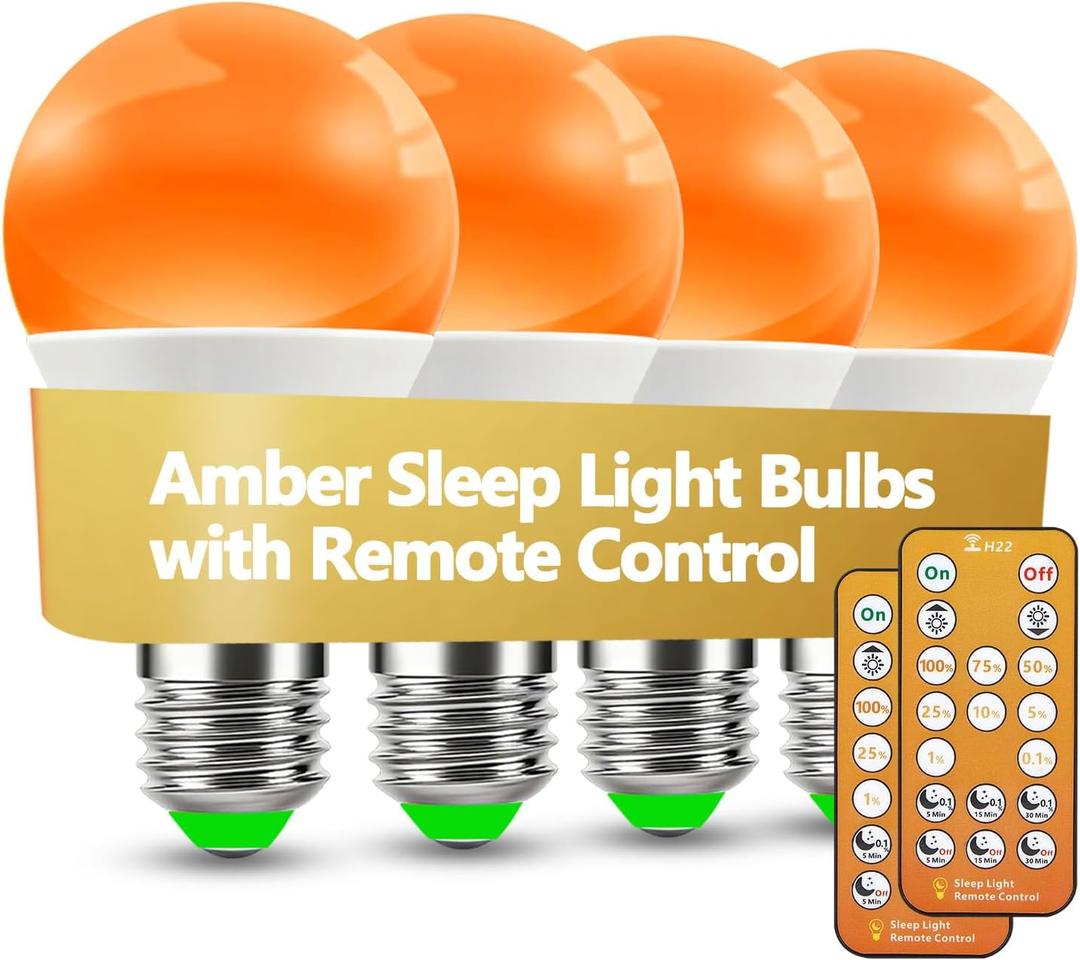 Amber Sleep Light Bulbs 1600K with Remote Control, E26 Blue Light Blocking A19, 9W for Sleep Therapy, Baby Nursery, Bedroom (4 Packs)