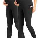 ENERFUL Women's Maternity Leggings Over The Belly with Pockets Pregnancy Pants Active Wear Workout Yoga Tights (Large, Black+black)