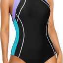 ATTRACO Women's One Piece Swimsuit Athletic Bathing Suits Training Sport Swimwear for Women (Medium, A-black/Aqua/Purple)