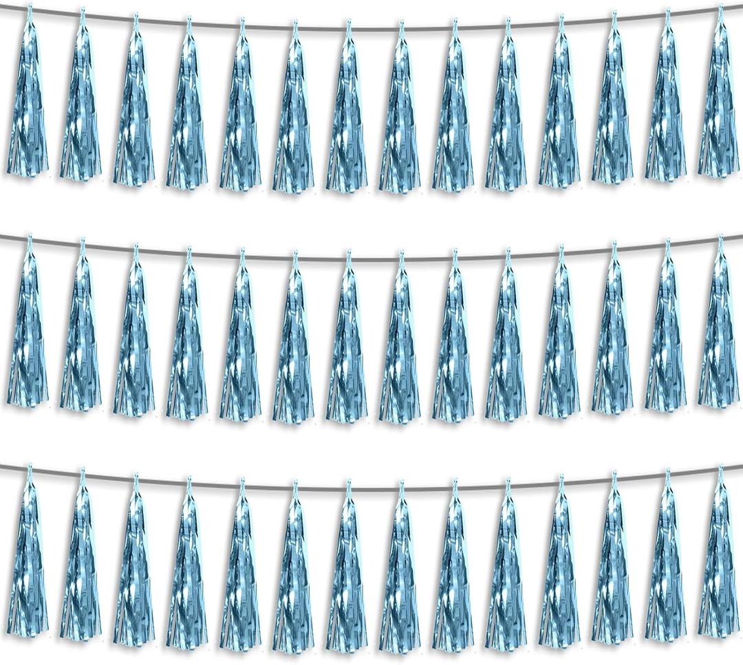 3P Light Blue Foil Fringe Metallic Tassel Streamers Banner Tassel Garland for Parade Floats, Bachelorette, Wedding, Birthday, Halloween, Christmas, Bridal/Baby Shower Party Decorations