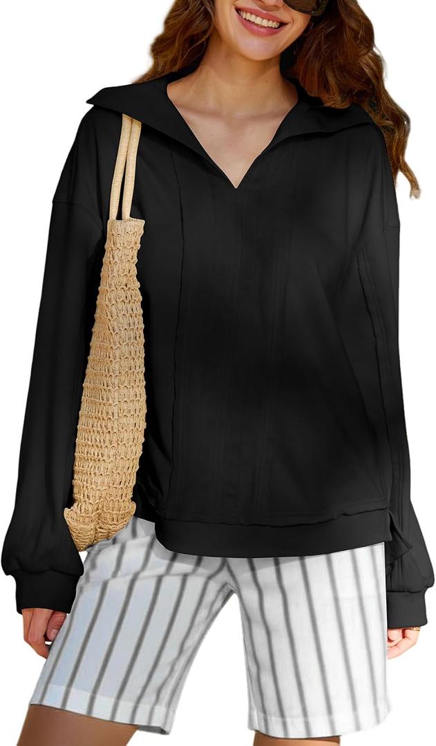 KFUBUO Women's Oversized Sweatshirt V Neck Long Sleeve Pullover Hoodie 2025 Fall Fashion Sweatshirts (Black, L)