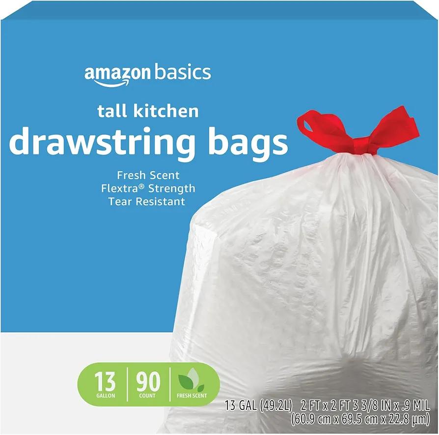 Amazon Basics Flextra Strength Tall Kitchen Drawstring Trash Bags, Fresh Scent, Tear Resistant, 13 Gallon, 90 Count
