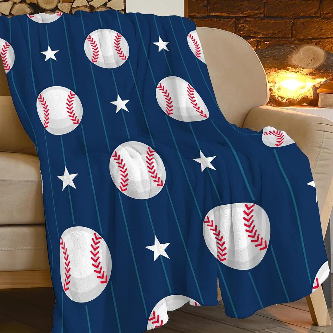 Sports Super Soft Warm Cozy Blue Baseball Softball Throw Blanket Plush Fleece Kids Blanket Gifts for Bed Decor Baseball Fans 40"X50