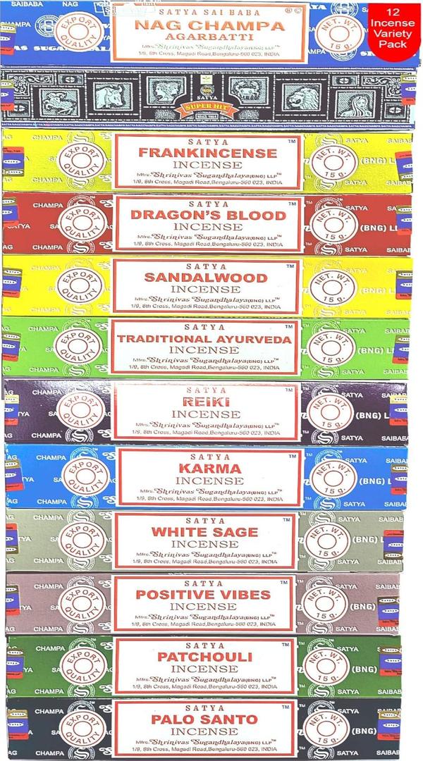 Nag Champa Incense Sticks Variety- Pack (12 Incenses, 140+ Sticks) (Satya Bangalore: 12 Assorted Incenses)