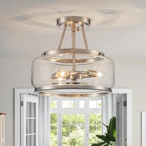 Brushed Nickel Semi Flush Mount Ceiling Light Fixture 3 Light,11.8 Inch Small Drum Modern Glass Ceiling Light Fixtures for Bedroom,Entryway,Hallway,Kithcen,Dining Room,Bathroom