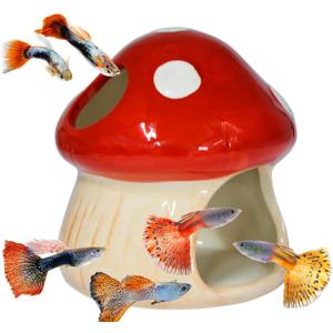 Aquarium Decor Mushroom House Ornament, Betta Fish Tank Accessories Landscape Decoration Small Shrimp Goldfishes Habitat Hut Pleco Smalland Breeding Hide Caves Toad House - Red