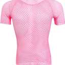 ABAFIP Men's Short Sleeve Fishnet Shirt Mesh Sheer Tank Top Muscle T-Shirt Undershirt Rave Clubwear (X-Large, Pink)