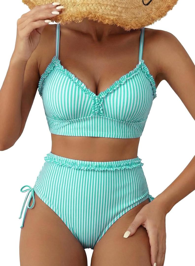 Herseas Women's Splice Ruffle Trim Bikini Sets Tie Side Swimsuits High Waisted Bathing Suits (Large)