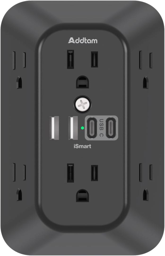 Addtam Surge Protector Outlet Extender, 6-Outlet Splitter with 4 USB Wall Charger(2 USB-C Ports), Multi Plug Wall Outlet 1800J Power Strip for Home Office Dorm Room Essentials, Black