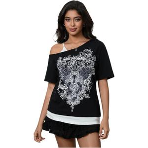 Women's 2 in 1 Cold Shoulder Graphic Tees Short Sleeve Goth Y2K T Shirt Fake Two Piece Tops (Black, S)