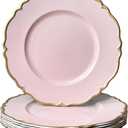 Pink scalloped charger plates with Gold rim, 13" Round Chargers for Dinner Plates, Set of 6 Plastic Plate Chargers for Weddings, Parties, Tabletop Decor.
