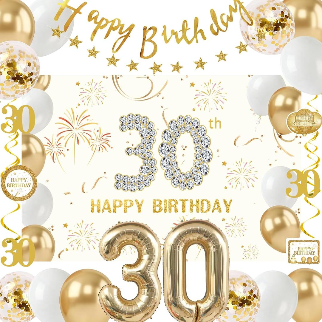 Champagne Gold 30th Birthday Decorations for Her, Happy 30th Birthday Decorations for Women with 30th Birthday Banner Backdrop, Large Number 30 Balloon, Hanging Swirls, Thirty Bday Party Balloons