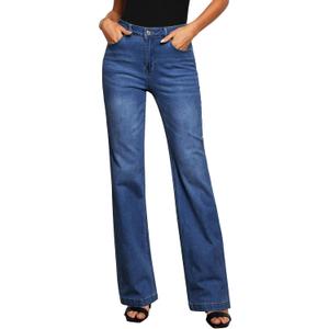 GRAPENT Womens Flare Jeans High Waisted Wide Leg Baggy Jean for Women Stretch Denim Pants (Large, Long Dark Blue)