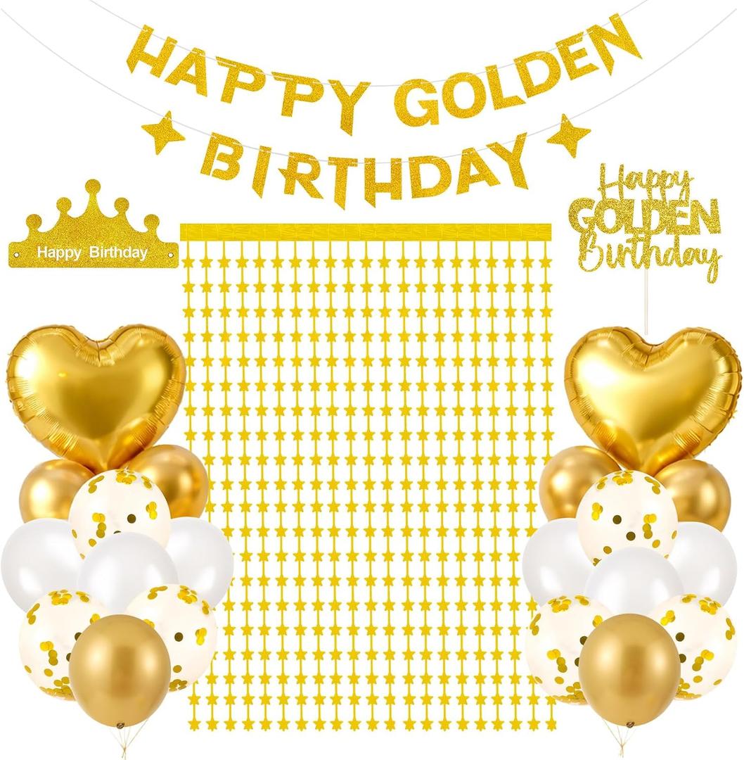 Golden Birthday Party Decorations Set with Happy Golden Birthday Banner, Star Fringe Curtain Backdrop, Balloons, Cake Topper ,Crown Banner Gold Theme Kit for Gold Birthday Party Supplies