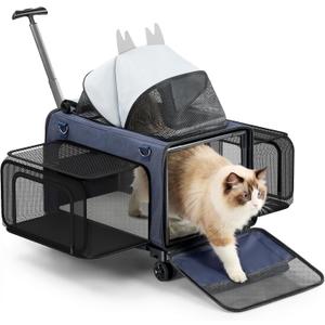 3-Sided Expandable Pet Cat Carrier with Wheels & Hammock, 24-Inch Soft-Sided Portable Rolling Pet Carrier for Large Cats, Medium & Small Dogs, Detachable for Travel, Camping, Outdoor Walks