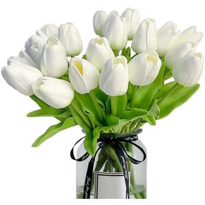20pcs White tulips artificial flowers Silk Flowers Fake tulips Flowers Mother's Day Easter ValentineS Day Gifts in Home Kitchen Wedding Dining Table Decorations (A-white)