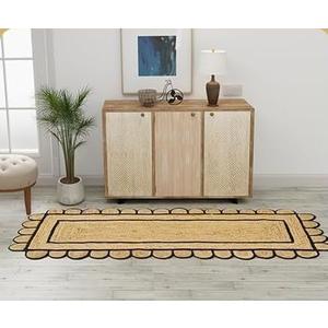 GRUHUM Jute Area Rug 2'6"x4' ft Scalloped Runner Rug Natural Base Black Trim Handwoven Runner Boho Reversible Soft Braid Farmhouse Indoor Eco Friendly Livingroom Bedroom Kitchen Hallway Enterway